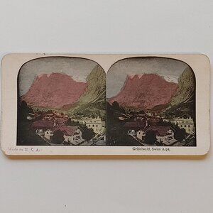 ANTIQUE Stereograph Card Grindelwald Swiss Alps Full Colour Card
